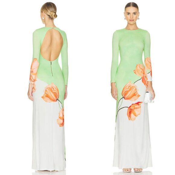 Alice + Olivia Delora‎ Open Back Green Tulip Print 3/4 Sleeve Crew Maxi Dress 6 - Picture 12 of 12